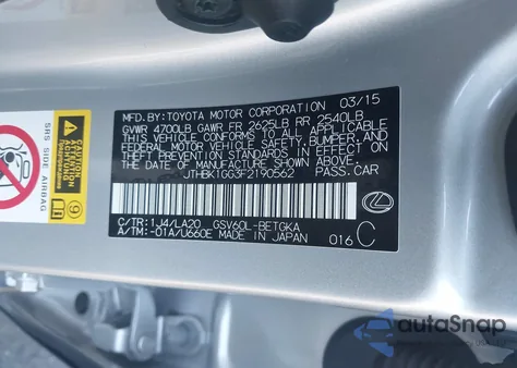 2015 Lexus Es 350 from USA, damaged, VIN JTHBK1GG3F2190562